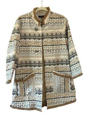 Multiples Women's Woven Tribal Print Fringe Jacket Size Large Boho Southwest
